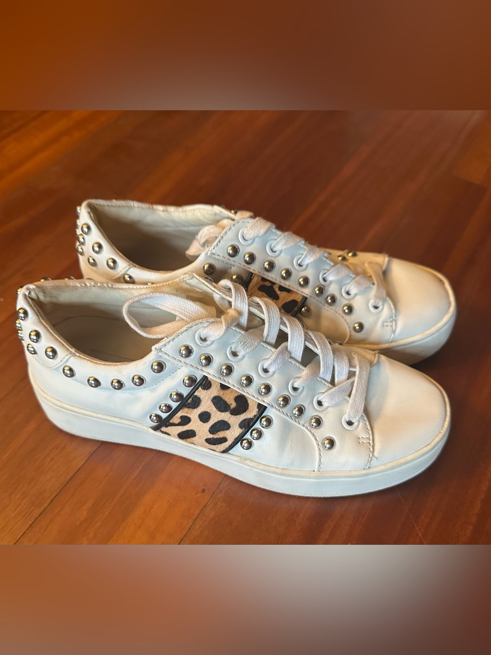 Steve Madden Elle White Leather Sneakers with Leopard Panel and Silver Studs
